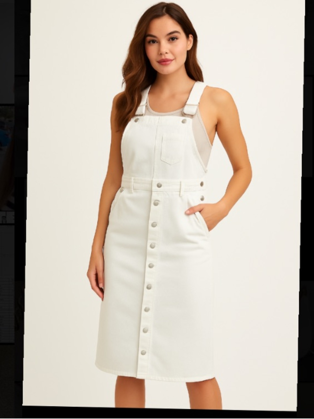 Levi’s White Denim Overall Midi Dress Sz M Button Front Pinafore